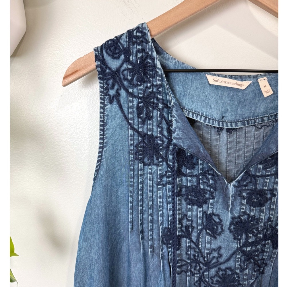 Soft Surroundings Tencel Denim Embroidered Sleeveless Dress M Boho Cottagecore - Picture 4 of 8